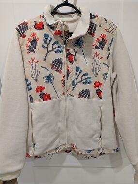The North Face Cream Sherpa Fleece Jacket with Blue And Red Floral Trim